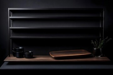 Empty black wooden shelf on dark background. High quality photo