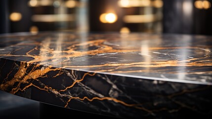 Close-Up of a Black and Gold Marble Table with Bokeh Light Blurry Background, An Elegant and Opulent Addition to Premium Interior Design, Product Placement Concept
