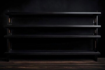 Empty black wooden shelf on dark background. High quality photo