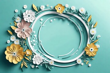 Paper cut spring flowers round frame with copy space, illustration