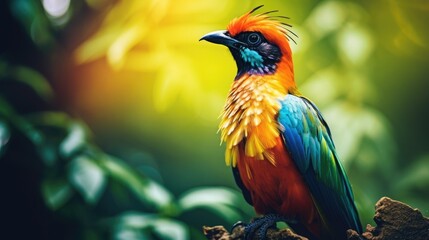 colourful tropical and exotic bird (fictious species) sitting on a tree branch in the jungle