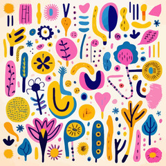 Bold color quirky doodle pattern, background, cartoon, vector, whimsical Illustration