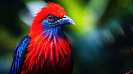 Close-up portrait of an exotic red bird (fictious species) in the tropical jungle