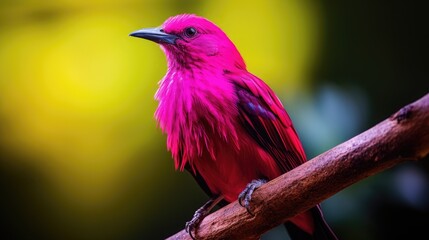 pink tropical and exotic bird (fictious species) sitting on a tree branch in the jungle