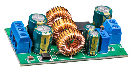 Electronic components on circuit board of power supply converter isolated on white background. Close-up of toroidal coils, electrolytic capacitors or resistor trimmer and screw terminals on green PCB.