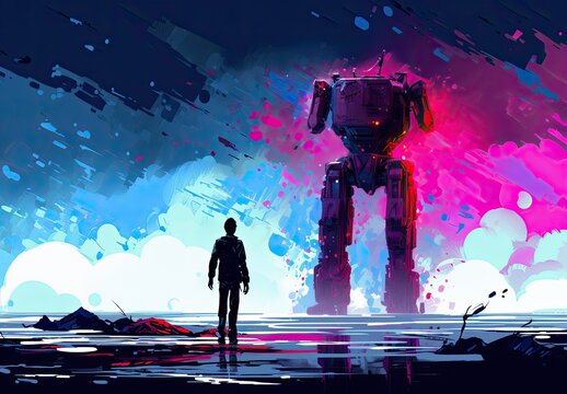 A giant robot on an alien planet. Space explorer or space pioneer. Fantasy scene in watercolor style. Illustration for cover, card, postcard, interior design, decor or print.