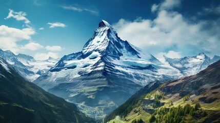  a mountain with a snow covered peak in the middle of a valley.  generative ai