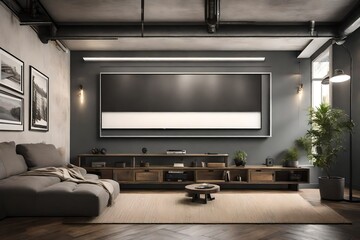 A Canvas Frame for a mockup in a modern TV room, with an urban, industrial theme, showcasing  metal beams and vent ducts overhead.