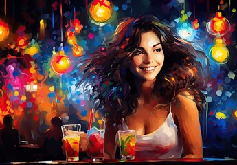 Digital painting in bright pop art style featuring a portrait of a cute girl with a glass of cocktail. Illustration for cover, card, interior design, banner, poster, brochure, advertising, marketing.