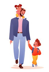 Young father takes his children to school and kindergarten. Parent leads schoolchild by hand, with smiling daughter sitting on his shoulders. Family concept, possibly single father theme.