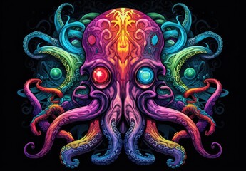 Close-up of a colorful octopus with many tentacles. Surreal monster with dripping drops of paint. Illustration can be printed on t-shirt, bag, postcard, case, pillow and other products.