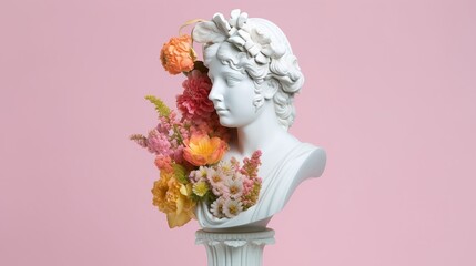 Sculpture of a female bust in antique (Greek, Roman) style with blooming flowers. Marble statue of a woman's head. Beauty in stone. Illustration for cover, card, postcard, interior design, etc.