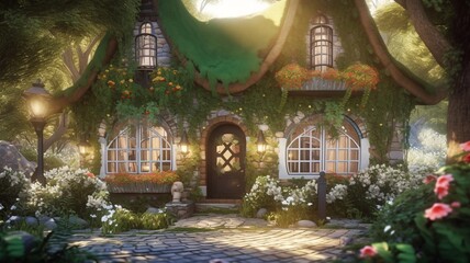 Fototapeta na wymiar House fairy tale hidden beautiful green garden photography image AI generated art