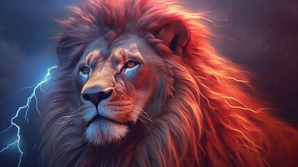 Naklejka premium Profile of a proud lion with a fiery mane against a cloudy sky. Close-up of a lion's face looking up. Illustration for cover, card, postcard, interior design, decor or print.