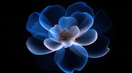  a blue flower with white petals on a black background with a black background.  generative ai