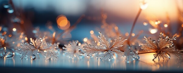  Frozen snowflakes on the window glass. Beautiful Christmas background.