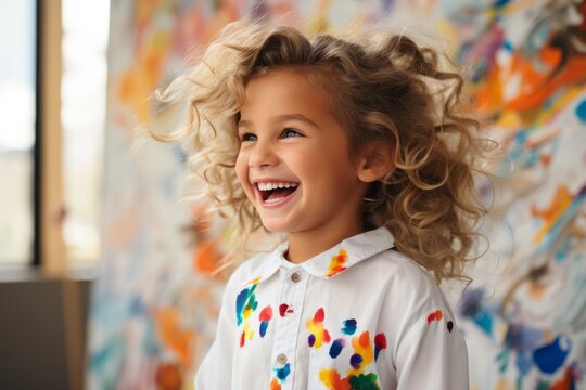 Cheerful child is happy, enjoy and laughing at his painting