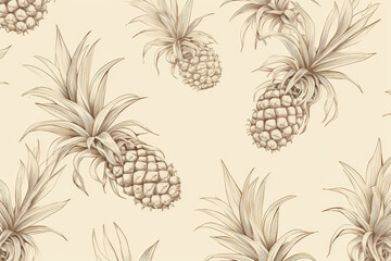 Minimalistic seamless pattern featuring subtle line drawings of pineapples and coconuts. The design is set against a muted background, emphasizing the delicate outlines.