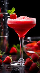 Strawberry margarita in a martini glass on black background