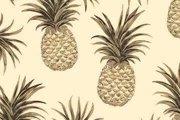 Minimalistic seamless pattern featuring subtle line drawings of pineapples and coconuts. The design is set against a muted background, emphasizing the delicate outlines.