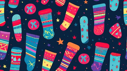  a pattern of colorful socks and stars on a blue background.  generative ai