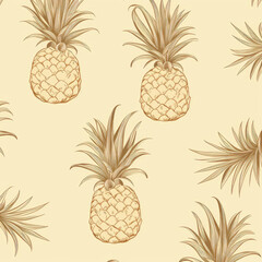 Minimalistic seamless pattern featuring subtle line drawings of pineapples and coconuts. The design is set against a muted background, emphasizing the delicate outlines.