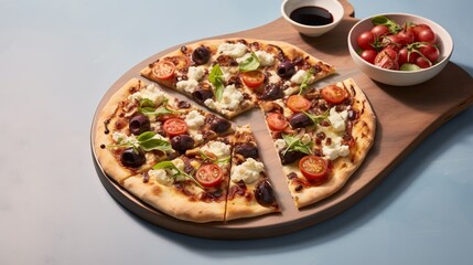  a pizza on a cutting board with a bowl of tomatoes.  generative ai