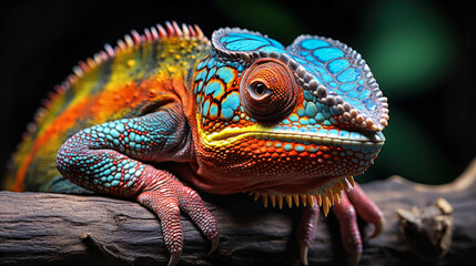 Fototapeta premium Detail of a rainbow chameleon on a tree branch.Generative AI