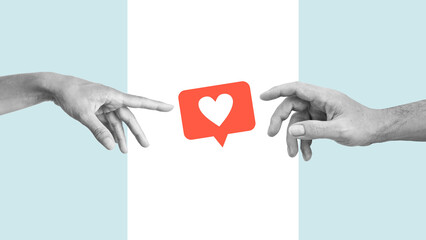 Creative collage artwork template of hands pointing fingers feedback sign. Concept of social media...