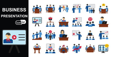 Business presentation icons set. Presentation, business, seminar, partnership, goals, meeting, whiteboard, conference and business plan icons. Vector illustration .