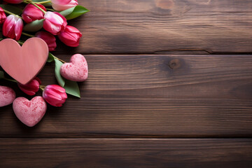 Naklejka na ściany i meble Love blossoming on rustic wooden boards, A romantic Valentine's Day background,