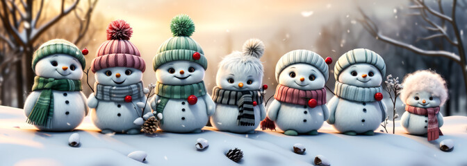 a group of snowmen dressed in colorful hats and scarves are smiling in the snow, winter, Christmas, - obrazy, fototapety, plakaty