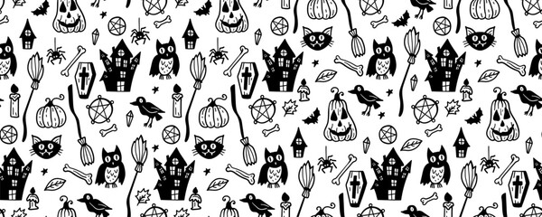Monochrome seamless pattern of cute Halloween hand drawn doodle. Black and white background with Pumpkin, broom, owl, skull, house, castle, raven, pentagram, witch, cat, leaves, spider