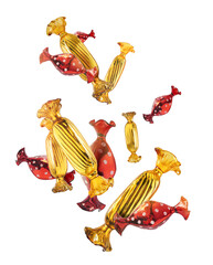 Christmas card. Falling in the air christmas baubles, gingerbrad cookies