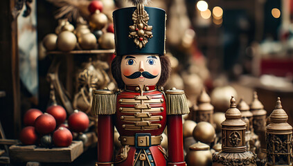 a christmas nutcracker soldier is in front of christmas decoration, winter, gifts, santa claus - obrazy, fototapety, plakaty