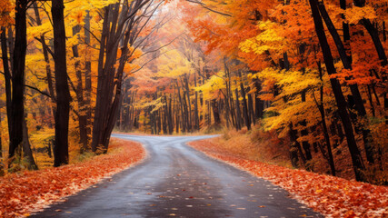 Autumn road in the forest with colorful trees and fallen leaves.