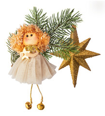 Christmas card. Falling in the air Christmas figurine.