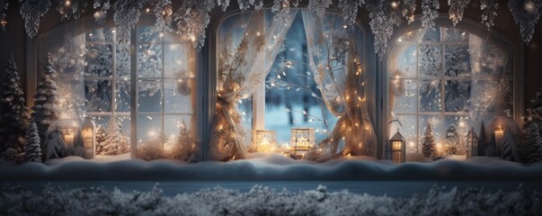 Xmas window decoration with snow outdoors. Celebrate festive concept.