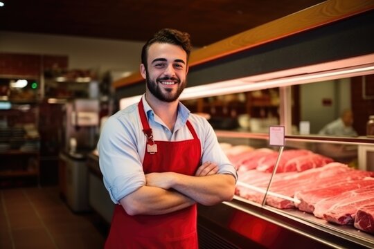 Young smiling man butcher standing at the meat counter
