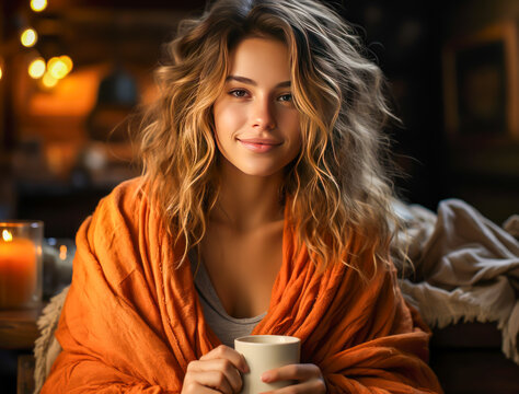 picture of a woman at home drinking hot coffee, with a blanket over her, relaxing in winter