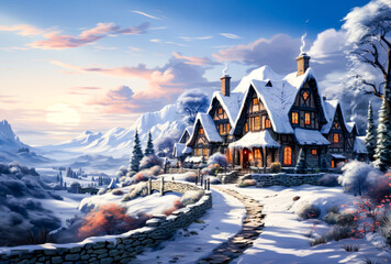 illustration of a house in the snowy mountains, nice day, several paths on the ground, winter, christmas