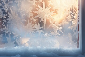  Frozen snowflakes on the glass. Beautiful Christmas background.