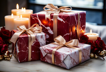 christmas gifts oare scattered on a marble table with marble red and white motifs, presents, christmas spirit, santa claus,