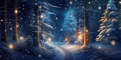 Enchanting winter night in a snow-covered fairy tale forest illuminated by glowing lanterns and sparkling stars