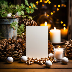 Obraz na płótnie Canvas white greetinc card mockup for christmas, copy space, surrounded by pine cones, and christmas decoration on wood