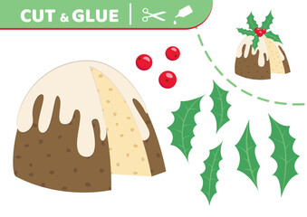 Christmas cake. Cut and glue. Application work. Paper game. Vector