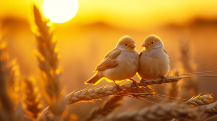 Golden Glow, Abstract Wheat Field with Birds in Warm Summer Sunset