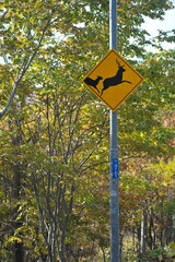 
Hokkaido, Japan - October 14, 2023: Deer family crossing sign in Hokkaido, Japan
