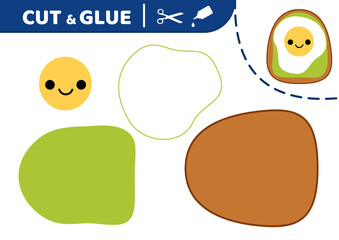 Sandwich with fried eggs. Squishmallow. Cut and glue. Applique. Paper game. Kawaii vector