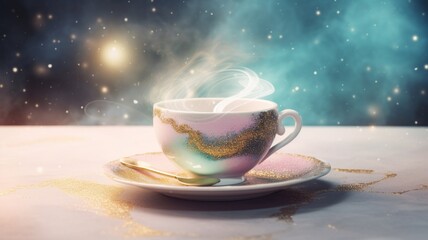 White teacup galaxy around saucer sets illustration picture AI generated art - obrazy, fototapety, plakaty